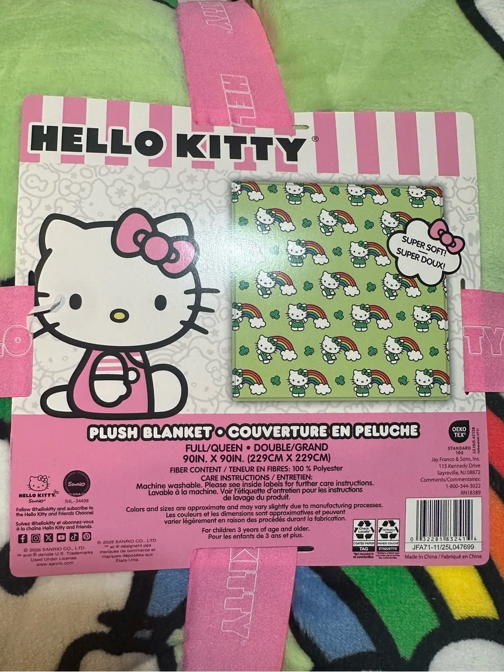 New! Hello Kitty Lucky Rainbow Plush Blanket Full/Queen 90x90 NWT Sanrio NWT